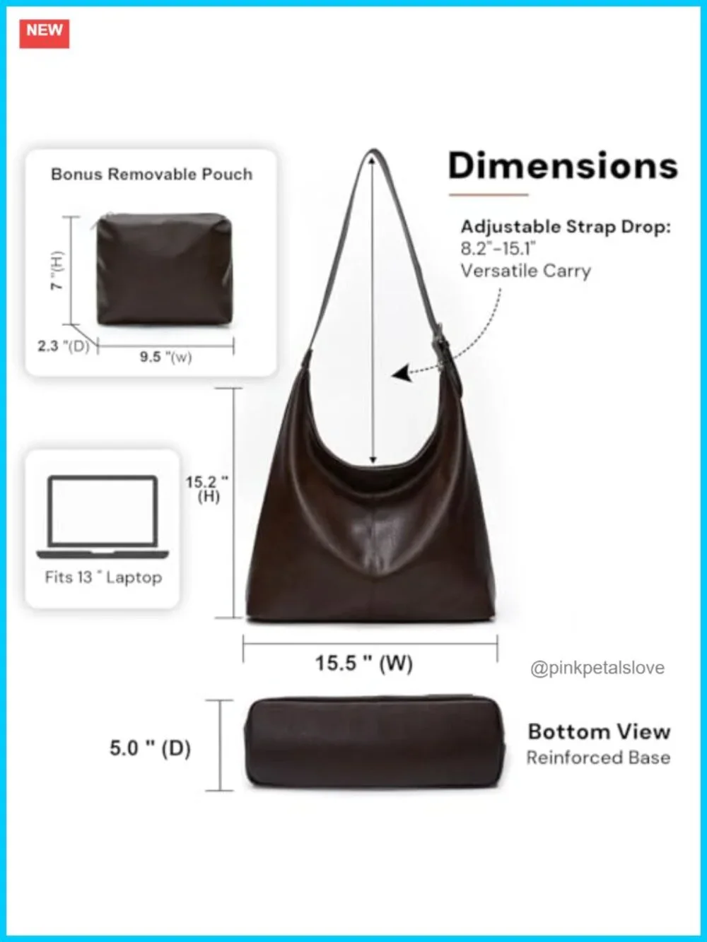 Spacious Vegan Leather Slouchy Hobo Shoulder Tote Laptop Bag with Adjustable